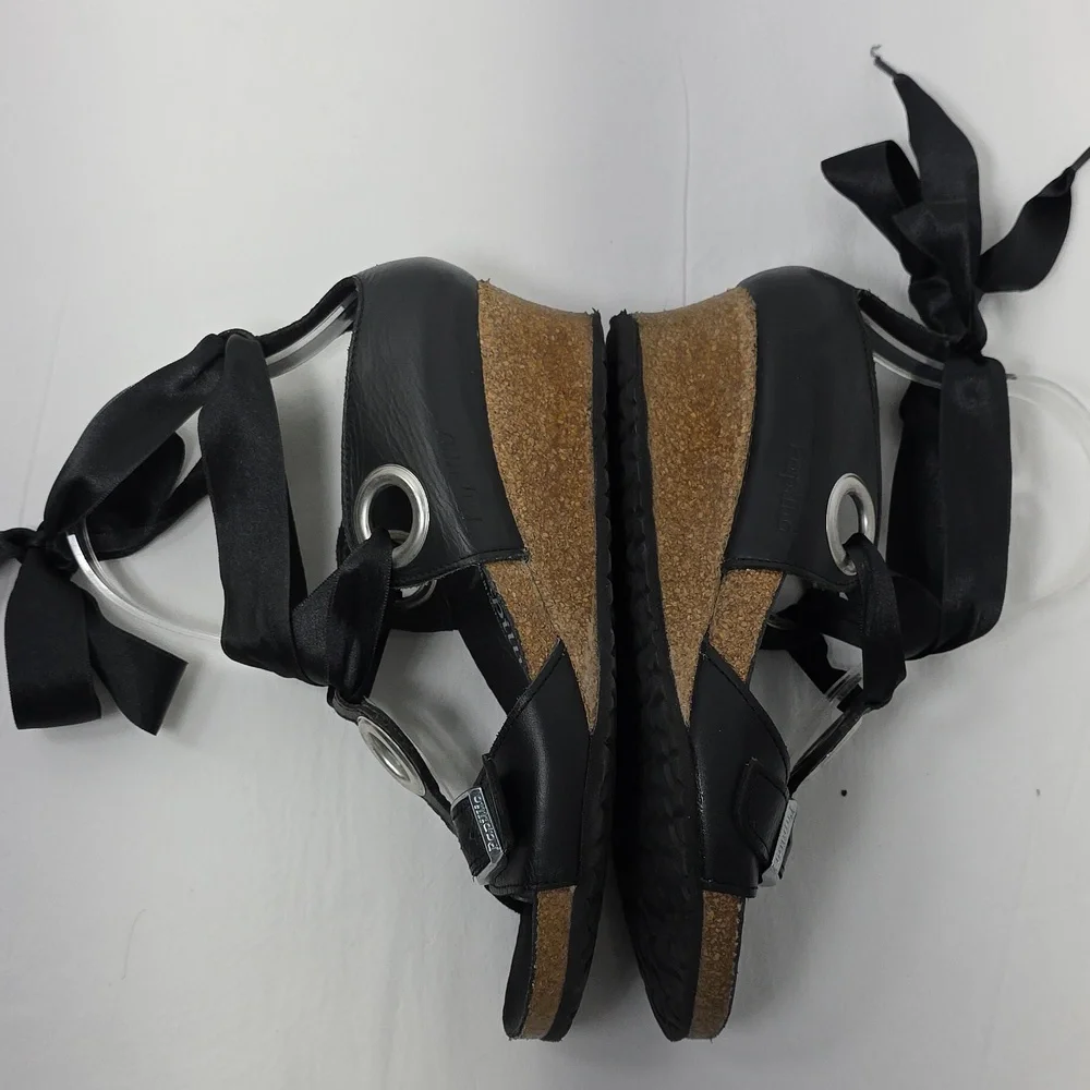 Papillio Birkenstock Black Emmy Leather Ankle Tie Strap Wedge Sandals Size 37‎